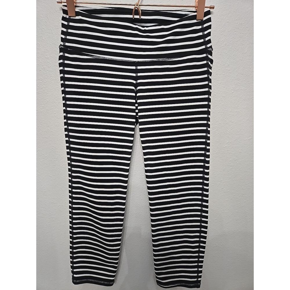 Athleta Gusset Coolmax Yoga Pants Mid Rise Pull On Striped Black White Womens Sm